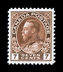 114b, 1924 7c Red brown, wet printing, beautifully centered and margined, fresh rich color and a prooflike impression, flawless o.g., n.h., extremely fine (Unitrade
C$120.00).