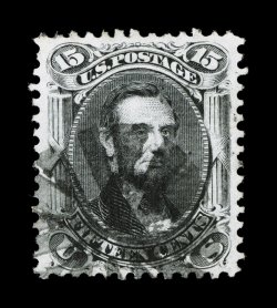 91, 15c Black, E grill, remarkably choice used example, featuring extra-large and perfectly balanced margins all around, deep luxuriant color and a well defined impression,
neatly postmarked with a bold circle of wedges cancel, extremely fine