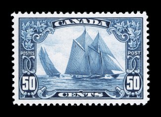 158, 1929 50c Bluenose, highly select mint single, flawlessly centered amid large margins, crisp color and impression, immaculate o.g., n.h., an extremely fine gem for the
perfectionist (Unitrade C$700.00).