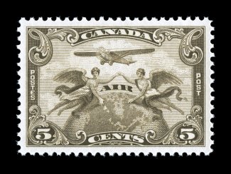 C1, 1928 5c Brown olive air post, an extraordinarily choice mint single, being absolutely perfectly centered amid extravagantly large margins, sumptuously rich color and a
crisp detailed impression, immaculate o.g., n.h., a superb gem in every r