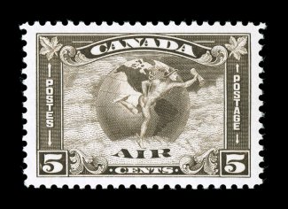 C2, 1930 5c Olive brown air post, wonderfully well centered within unusually large margins, deep rich color on fresh white paper, pristine o.g., n.h., extremely fine gem
(Unitrade C$240.00).