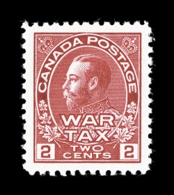 MR2, 1915 2c Carmine war tax stamp, lovely mint single possessing extraordinary centering within extra-large margins, intense deep color on brilliant white paper, flawless
o.g., n.h., extremely fine gem (Unitrade C$105.00).