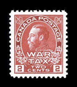 MR2a, 1915 2c Rose carmine war tax stamp, remarkably well centered single in the lighter shade of this value, large even margins and surrounded by full even perforations,
brilliant color on fresh white paper, pristine o.g., n.h., extremely fine