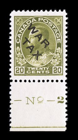 Unitrade MR2C, 1915 20c Olive green with WAR TAX overprint, bottom sheet -margin plate No. 2 single, especially well centered within balanced large to enormous margins at top
and bottom, rich color, o.g., n.h., extremely fine a rare stamp i