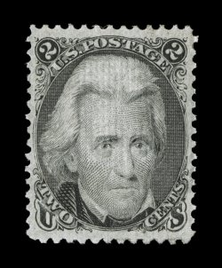 93, 2c Black, F grill, handsome mint example, extraordinarily well centered within particularly tall margins, rich color and a crisp impression, full o.g., lightly hinged,
extremely fine the Two Cent Black Jack stamps are rarely encounter