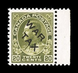 Unitrade MR2C. 1915 20c Olive green with WAR TAX overprint, right sheet-margin single, lovely rich color, quite well centered for this normally poorly centered issue, o.g.,
n.h., very fine 2003 Greene Foundation certificate.