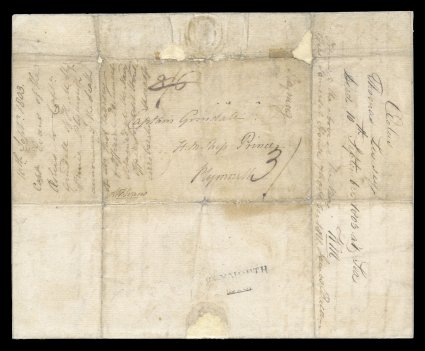 Aeolus off the CaymansSeptember 10, 1803 dateline on folded cover addressed to Captain Grindall of the H.M. Ship Prince in Plymouth, England, 36 ms. rate crossed out and
re-rated 3-, faint New York oval transit pmk. and Plymouth mileag
