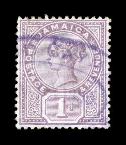 A2, Jamaica 1p Purple and Mauve unusually well centered single with purple Grand Cayman oval S.G. Type Z1 Georgetown cancel clearly showing the D of Grand and a large portion
of Cayman, dated 1893, choice very fine 1984 BPA certificate