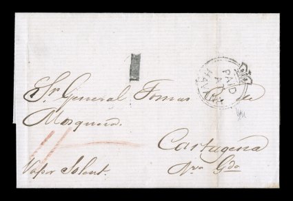 S.G. CC3, PaidatHavana Crowned-circle black handstamp on unusual folded 1857 cover posted at the British post office in Panama to Cartagena, PanamaOC 10 1857 double-arc c.d.s.
on reverse, sent via Havana where it received 1 handstamp fo