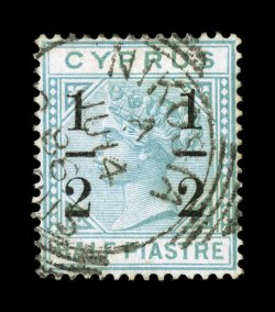 27, 1886 12p Surcharge on 12p Green, watermarked Crown and CC, attractive used single, well centered, fresh emerald green color, very neatly cancelled with a central Nikosia
squared circle cancel, very fine and choice (S.G. 28 £450).