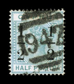 S.G. 28a, 1886 12p Surcharge on 12p Emerald green, watermarked Crown and CC, large 1 at left, remarkably well centered used example of this overprint variety, attractive bright
color on white paper, large portion of bold 942 numeral canc