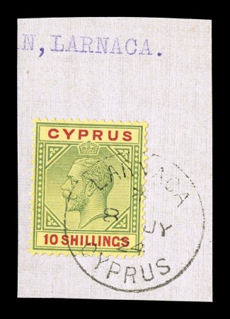 87, 1923 10- Green and red on yellow, an exceptionally attractive single of this high value, tied to piece by Larnaca8 JY 24, brilliantly fresh colors, exceptionally well
centered, extremely fine a premium used example of this lovely and ve