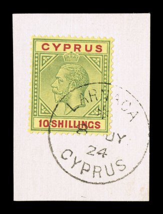 87, 1923 10- Green and red on yellow, another attractive example tied to piece by Larnaca8 JY 24, very well centered, bright colors, choice very fine (S.G. 100
£750).