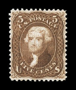 95, 5c Brown, F grill, a most impressive mint example of one of the most difficult 19th century stamps to find in any kind of premium quality, extraordinarily well centered,
especially when compared to nearly all other mint examples, intensely