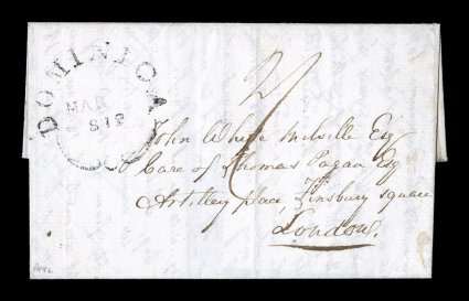 1812 DominicaMar 812 large fleuron postmark, without a day designation, an excellent strike of this early and popular marking on folded cover to London, rated 2- in manuscript,
very fine and choice.