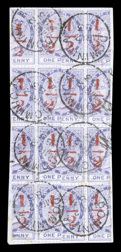 12, 1882 12 Red surcharge on half 1p Violet, two blocks of eight (2x4) making a total of 16 halves, arranged to appear as a block of 16, tied to piece by DominicaMR 12 83
c.d.s., attractive and fresh with bright colors, very fine an impre