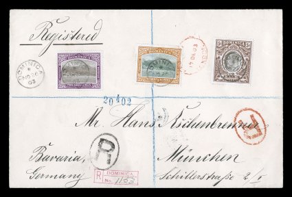 25-34, 1903 12p to 5- Views and King Edward VII cpt., tied to two attractive large registered covers to Munich by small DominicaNO 23 03 c.d.s., a very attractive franking with
all stamps exceptionally well centered, fresh deep colors, back