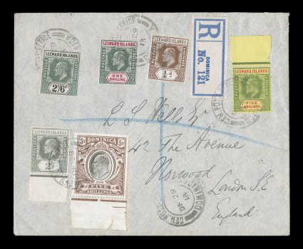 49, 1908 5- Brown and black, King Edward VII issue of Dominica in mixed franking with five Leeward Islands King Edward VII values including 1902 26 Green and black, the scarce
1908 1- Green and Carmine rose and 5-green and red on yellow (27
