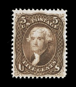 95, 5c Brown, F grill, unused, well centered and margined for this, strong rich color and a well incised impression, easily identifiable grill, very fine 1981 PF certificate for
a block of nine, this being the bottom right stamp.