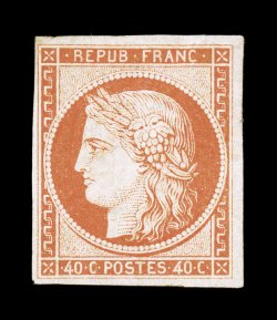 7a, 1850 40c Orange vermilion on yellowish, Ty. I, mint single with four large to exceptionally large margins, the color is fresh and rich in this bright orange shade, full
o.g. with bands of experimental brownish gum at top and bottom, specific