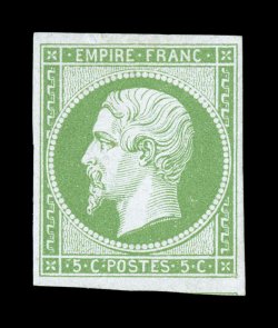 13, 1854 5c Green on greenish, a lovely mint single, large to extra-large margins all around, remarkably fresh with strong green color on nicely colored paper, full o.g., very
lightly hinged, extremely fine Signed R. Calves (Yvert 12 Ç950).