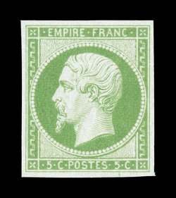 13 var., 5c Yellow green on greenish, pristine mint single, four large balanced margins, radiant yellow green color on fresh paper, full o.g., never hinged, extremely fine
signed R. Calves and accompanied by a 2003 Behr certificate (Yvert 12a