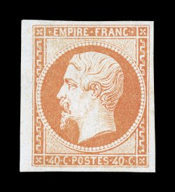 18, 1853 40c Orange on yellowish, Ty. I, handsome mint example with four large to extraordinarily large margins, brilliant color and clean impression on bright paper, full
o.g., very lightly hinged, extremely fine and exceedingly choice (Yvert 