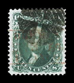 96, 10c Yellow green, F grill, an especially handsome used example, possessing exceptional centering amid lavishly large margins for this issue, bright fresh color and a highly
detailed impression, neat quartered cork pmk. and a light red tran