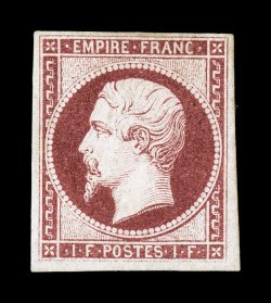 21, 1853 Lake on yellowish, attractive mint single of this rare high value, possessing rich deep color and strong detailed impression, four well clear to extra-large margins,
full o.g., very lightly hinged, very fine and rare a highly desirable