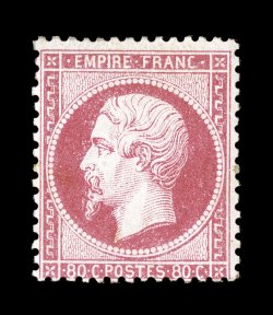 28, 1862 80c Rose on pinkish, fresh mint single, bright color, quite well centered for this issue, o.g., lightly hinged, very fine signed A. Brun (Yvert 24
Ç1,500).