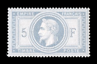 37, 1869 5Fr Gray lilac on lavender, a magnificent mint single in the finest condition available, every aspect of this stamp has the mark of perfection, from its precise
centering with beautiful even perforations all around to its marvelous fres