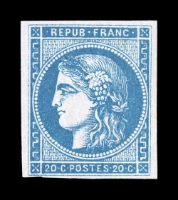 44, 1870 20c Blue on bluish, Ty. II, report 2, especially fresh mint single, well clear to extra-large margins all around, lovely bright color, full o.g., never hinged, very
fine an unusually scarce value in never hinged condition 2003 Behr ce