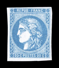 45, 1870 20c Blue on bluish, Ty. III, report 2, pristine mint example, clear to large margins on all four sides,fresh strong blue color on bright paper, full o.g., never
hinged, very fine and scarce signed A. Brun and accompanied by a 2004 P. L