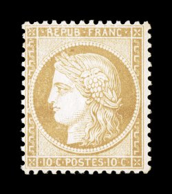 54, 1870 10c Bister on yellowish, pristine fresh mint single, lovely bright color, well centered, full o.g., never hinged, choice very fine signed R. Calves and accompanied by
1991 PF certificate (Yvert  36 for hinged Ç825).
