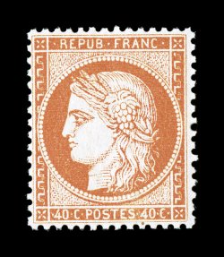 59, 1870 40c Orange, Ty. I, an exceedingly select mint single, wonderfully well centered with full even perforations, rich vibrant color, full o.g., never hinged, extremely
fine 2002 Behr certificate (Yvert 38 for hinged Ç700).