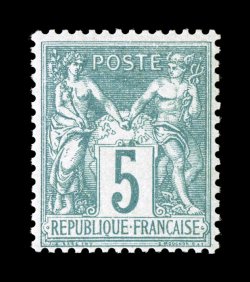 67, 1876 5c Green on greenish, Ty. I, fresh mint single, quite well centered, strong green color on bright paper, full o.g., never hinged, very fine signed A. Brun and
accompanied by a 2003 Behr certificate (Yvert 64 for hinged Ç900).