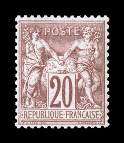 70, 1876 20c Red brown on straw, Ty. I, an extraordinarily well centered mint single, wonderfully fresh with rich color on bright paper, flawless o.g., never hinged, extremely
fine 2002 Behr certificate (Yvert 67 for hinged Ç750).