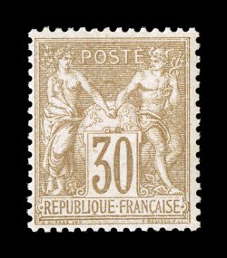 73, 1876 30c Brown on yellowish, Ty.I, a lovely mint single, possessing exceptional freshness and being extraordinarily well centered, all surrounded by full even perforations,
full o.g., never hinged, extremely fine and a very scarce stamp in