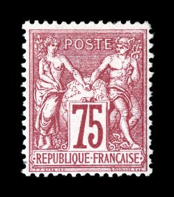 75, 1876 75c Carmine on rose, Ty. I, delightfully fresh example of this scarce stamp, brilliant carmine color on bright paper, very well centered, o.g. that has been lightly
hinged, very fine and choice signed J-P Depasse (Yvert 71 Ç1,300).