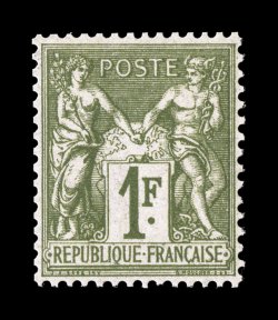 76, 1876 1Fr Bronze green on straw, Ty. I, an extraordinarily well centered mint single, luxurious rich color and strong vivid impression, full even perforations all around,
pristine o.g., never hinged, extremely fine a select example of this h