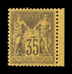 94, 1878 35c Black on yellow, Ty. II, lovely fresh mint single showing a portion of the right sheet margin, wonderfully well centered and margined, strong detailed impression
on intense yellow colored paper, o.g., never hinged, extremely fine an