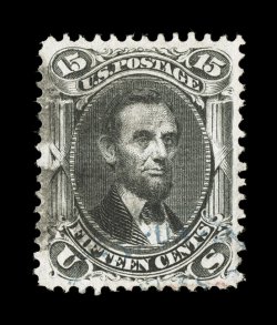 98, 15c Black, F grill, on very thin paper, an extraordinarily choice used example that features uncharacteristically large and marvelously well balanced margins all around,
plus its color is especially deep and its impression razor sharp, lig