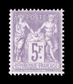96a, 1877 5Fr Red lilac on lavender, Ty. II, lovely fresh mint single of this popular high value, excellent red lilac color on lilac tinted paper, well centered, o.g., never
hinged, very fine and scarce in never hinged condition (Yvert 95a Ç68