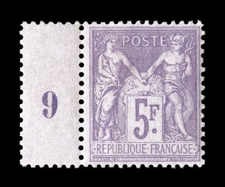96a, 1877 5Fr Red lilac on lavender, Ty. II, attractive mint single with numeral 9 gutter selvage at left, rich vibrant color, o.g.,very lightly hinged, very fine signed R.
Calves (Yvert 95a Ç680+).
