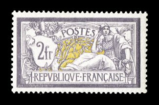 126, 1900 2Fr Gray violet and yellow, select mint single of this key value of the Merson design, fresh bright colors on pristine paper, flawless o.g., n.h., choice very fine
signed R. Calves and accompanied by a 1981 PF certificate (Yvert 122