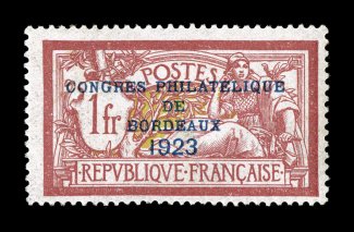 197, 1923 1Fr Claret and olive green, Bordeaux Congress ovpt. mint single, fresh with bright colors, quite well centered, o.g., n.h., very fine 1970 PF and 1999 S. Sismondo
certificates (Yvert 182 Ç850).