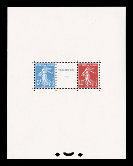 241, 1927 Strasbourg Exhibition souvenir sheet, remarkably fresh mint sheet, crisp and well centered, stamps have lovely bright colors on white paper, flawless o.g., n.h., very
fine and choice (Yvert Bloc 2 Ç2,500).