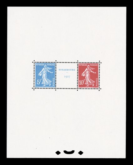 241, 1927 Strasbourg Exhibition souvenir sheet unusually fresh mint sheet, stamps are well centered with vibrant colors on bright white paper, o.g., n.h., few minor natural
inclusion specks, very fine and choice 1992 Behr certificate (Yvert Blo