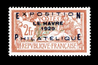 246, 1929 2Fr Le Havre Exhibition ovpt., fresh mint single, well centered, o.g., n.h., very fine signed Calves and others (Yvert 257A Ç1,450).