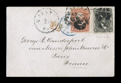 98, 15c Black, F Grill, used with 3c Red (94) and tied by negative star cancels on cover to France, Chester, Pa. c.d.s. also ties the 3c, small boxed P.D., blue French entry
handstamp ties the 3c stamp, very slightly reduced at left, the st